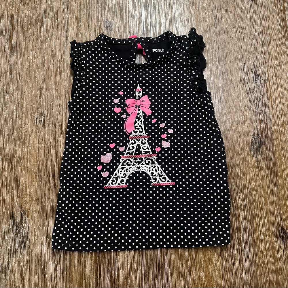 4/20$ Pekkle Toddler Black Polka Dot Top with Eiffel Tower Design size 2T